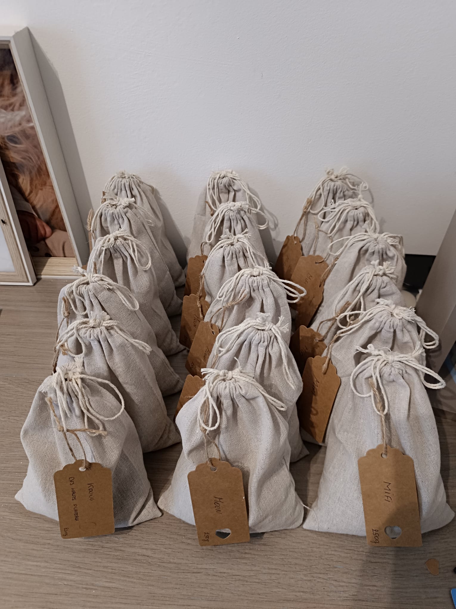 Échantillons de cafés verts identifiés par origine dans des sachets en toile