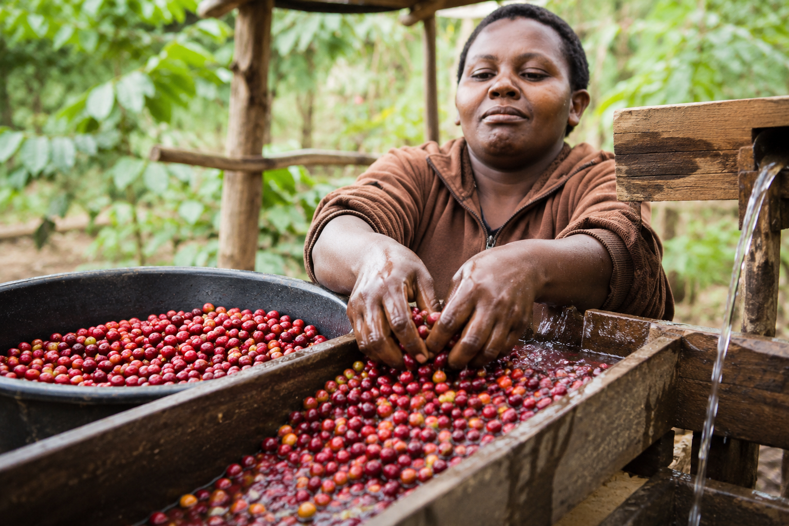 Première transformation des cerises de café : tri, lavage et séparation des lots sous un abri au Cameroun